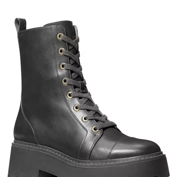 Michael Kors Black Leather  Combat Boots with Gold Accents - Picture 3 of 9